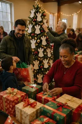 Volunteers Sorting Gifts Around Christmas Tree