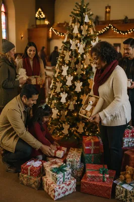 Christmas Angel Tree with Gifts and Volunteers