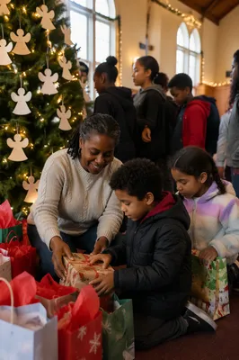 Children Around Christmas Angel Tree Indoors
