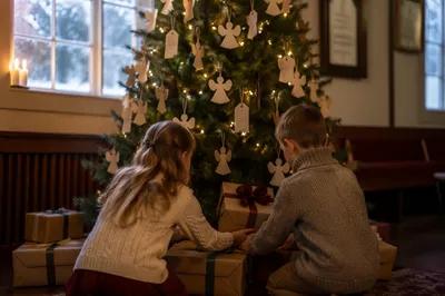 Children Placing Gifts Beneath Christmas Angel Tree
