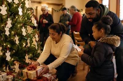 Volunteers Around Christmas Angel Tree Indoors