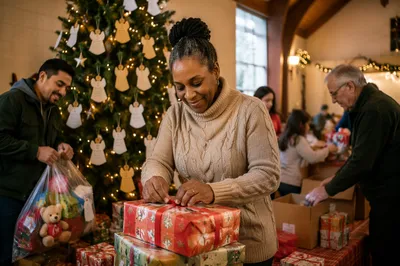 Volunteers Sorting Gifts by Christmas Tree