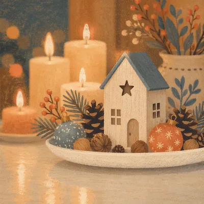 Warm Christmas Candles with Wooden House Ornament