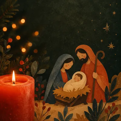 Warm Christmas Candle with Golden Bokeh