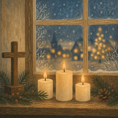 Warm Christmas Candles by Frosted Window