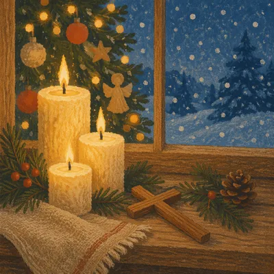Warm Christmas Candles by Winter Window