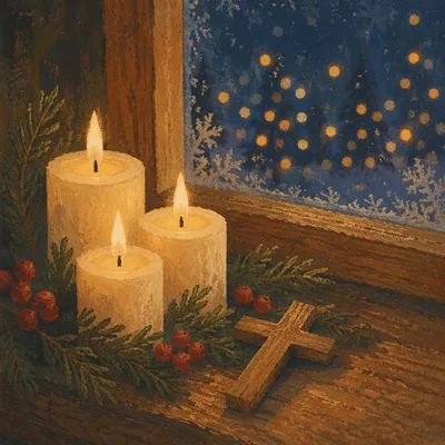 Warm Christmas Candles in Wooden Chapel