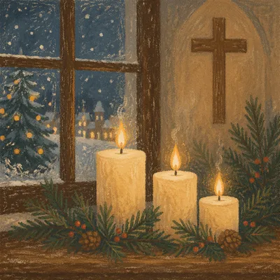 Warm Christmas Candles in Chapel Window