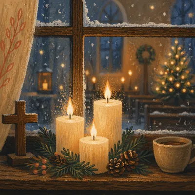 Warm Advent Candles by Frosted Chapel Window