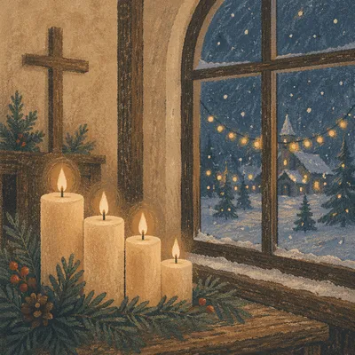 Warm Christmas Candles in Chapel Window