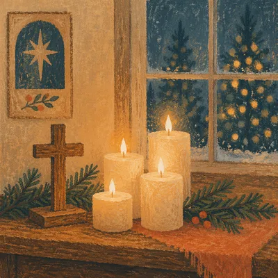 Warm Christmas Candles with Rustic Wooden Cross