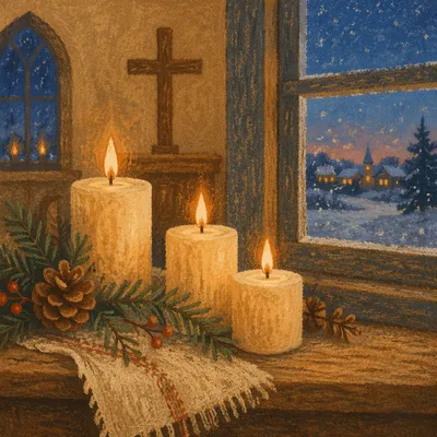 Warm Christmas Candles in Quiet Chapel