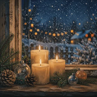 Warm Christmas Candles on Snowy Windowsill