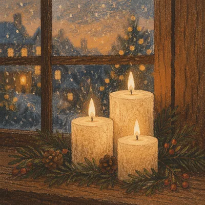 Warm Christmas Candles on Rustic Windowsill