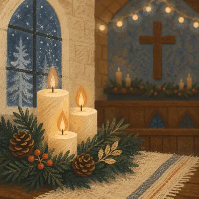 Warm Christmas Candles in Rustic Chapel