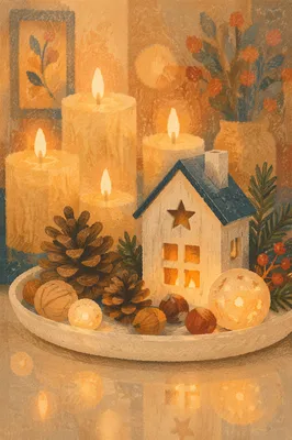 Warm Christmas Candles and Wooden House Ornament
