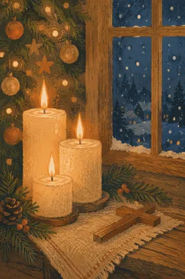 Warm Christmas Candles by Winter Window