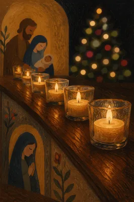 Warm Christmas Candlelight in Quiet Chapel