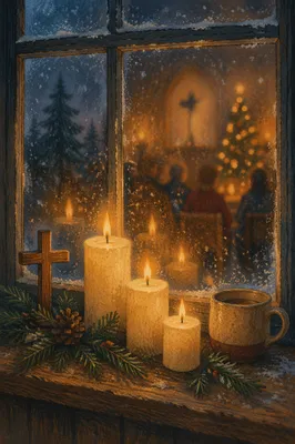 Warm Advent Candles by Frosted Chapel Window