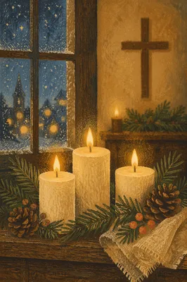 Warm Christmas Candles in Chapel Window