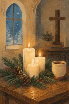 Warm Christmas Candles in Quiet Chapel