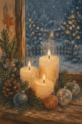 Warm Christmas Candles on Rustic Windowsill