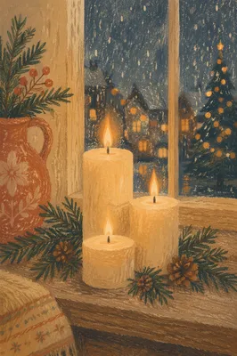 Warm Christmas Candles on Rustic Windowsill