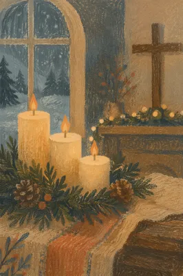 Warm Christmas Candles in Rustic Chapel