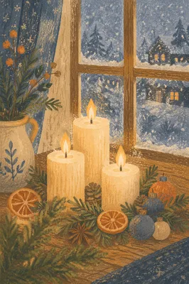 Warm Christmas Candles by Frosted Window