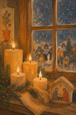 Warm Christmas Candles on Rustic Windowsill