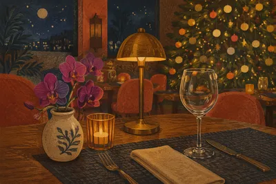 Warm Christmas Candle Table with Golden Bokeh