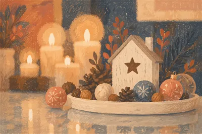 Warm Christmas Candlelight with Wooden House Ornament