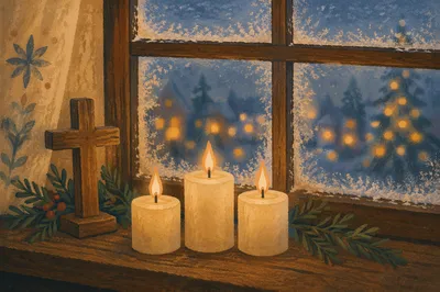 Warm Christmas Candles by Frosted Window