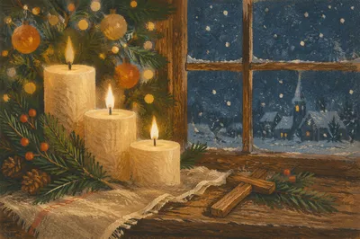 Warm Christmas Candles by Winter Window