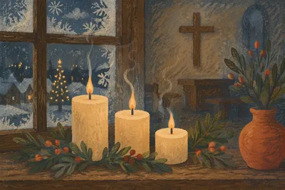 Warm Christmas Candles in Chapel Window