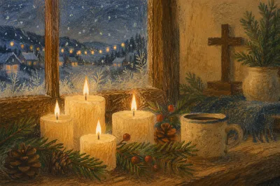 Warm Christmas Candles in Rustic Chapel