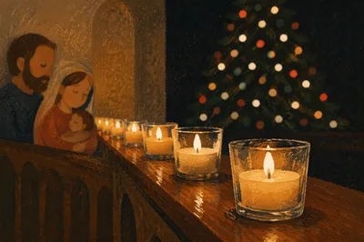 Warm Christmas Candlelight in Quiet Chapel