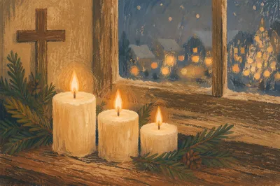 Warm Christmas Candles in Wooden Chapel