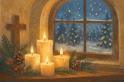 Warm Christmas Candles in Chapel Window