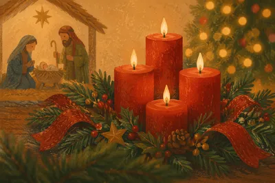 Warm Christmas Candles in Evergreen Bokeh