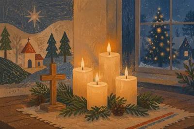 Warm Christmas Candles with Wooden Cross