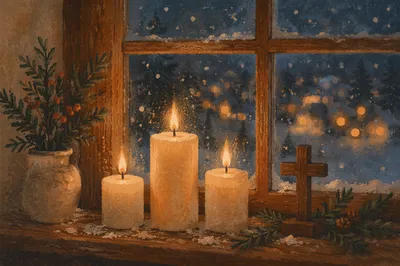Warm Christmas Candles by Frosted Window
