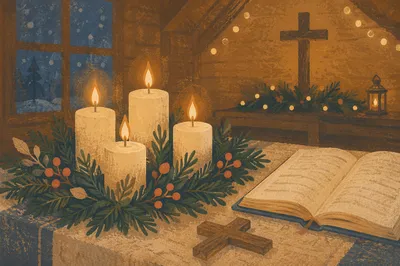 Warm Christmas Candles in Quiet Chapel