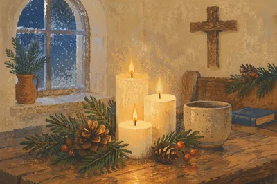 Warm Christmas Candles in Quiet Chapel