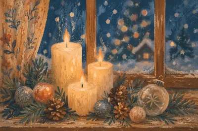 Warm Christmas Candles on Snowy Windowsill