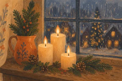 Warm Christmas Candles with Evergreen Bokeh