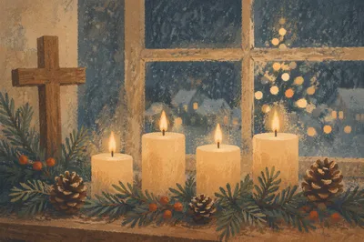 Warm Christmas Candles in Wooden Chapel