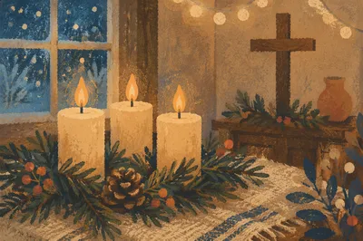 Warm Christmas Candles in Rustic Chapel