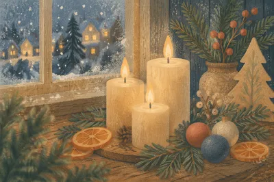 Warm Christmas Candles by Frosted Window