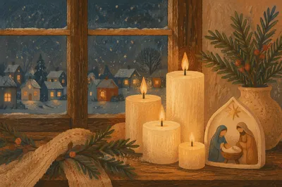 Warm Christmas Candles by Frosted Window